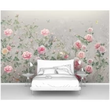 Фотообои на стену с цветами первое ателье "Розы с райскими птицами и бабочками" 400х270 см (ШхВ), флизелиновые Premium