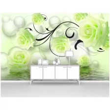 Фотообои на стену первое ателье "Зеленые розы с черным узором с отражением в воде" 400х250 см (ШхВ), флизелиновые Premium