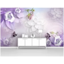 Фотообои на стену первое ателье "Фиолетовые цветы с абстрактными бумажными и бабочки" 400х250 см (ШхВ), флизелиновые Premium