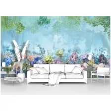 Фотообои на стену первое ателье "Цветы на фоне туманного леса" 400х220 см (ШхВ), флизелиновые Premium