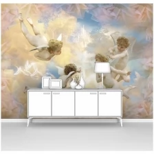 Фотообои фреска на стену первое ателье "Четыре ангелочка в небе с райскими птицами" 300х220 см (ШхВ), флизелиновые Premium