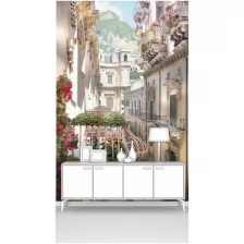 Фотообои на стену первое ателье "Вид с балкона на узкую улочку старинного города с балконами в цветах" 200х300 см (ШхВ), флизелиновые Premium