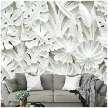 Бумажные фотообои бесшовные VEROL "Белые листья и цветы", 3,1 м2, ширина 200 см, высота 155 см, обои бумажные на стену, отделка стен, декор и интерьер