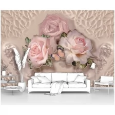 Фотообои на стену первое ателье "Три розовые розы с бабочкой" 400х270 см (ШхВ), флизелиновые Premium