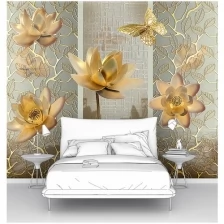 Фотообои на стену первое ателье "Лотосы и бабочки в золотом цвете" 300х250 см (ШхВ), флизелиновые Premium