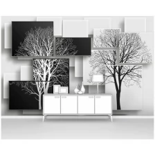 Фотообои на стену первое ателье "Черное и белое деревья на фоне из черно-белых прямоугольников" 400х250 см (ШхВ), флизелиновые Premium