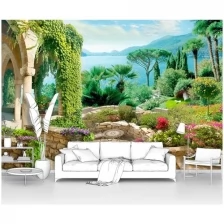 Фотообои на стену первое ателье "Цветущая терраса в саду у залива" 400х270 см (ШхВ), флизелиновые Premium