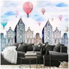 Фотообои бумажные бесшовные Verol "Воздушные шары над городом, акварель" 3,1 м2, ширина 200 см высота 155 см обои бумажные для стен, фотообои на стену