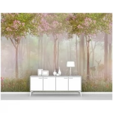 Фотообои на стену первое ателье "Олень с олененком в туманном цветущем лесу" 400х280 см (ШхВ), флизелиновые Premium
