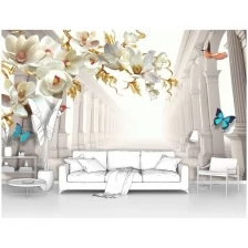 Фотообои на стену первое ателье "Цветы с бабочками на фоне белой колоннады" 300х180 см (ШхВ), флизелиновые Premium