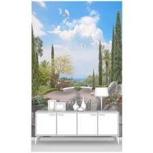 Фотообои на стену первое ателье "Терраса в саду с видом на средиземное море" 200х290 см (ШхВ), флизелиновые Premium