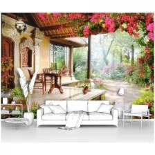 Фотообои на стену первое ателье "Столик на террасе в уютном саду" 400х280 см (ШхВ), флизелиновые Premium