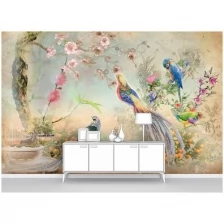 Фотообои на стену первое ателье "Экзотические птицы в цветущем саду с мандариновым деревом" 400х260 см (ШхВ), флизелиновые Premium