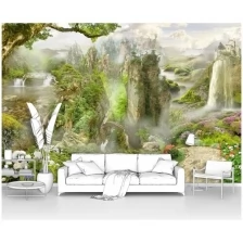 Фотообои на стену первое ателье "Пейзаж - природа в парке с водопадами и скалами" 400х265 см (ШхВ), флизелиновые Premium