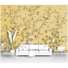 Фотообои на стену первое ателье "Птички на кустах с розочками в китайском стиле" 400х300 см (ШхВ), флизелиновые Premium