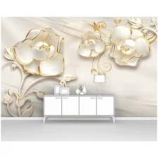 Фотообои на стену первое ателье "Фарфоровые цветы с каймой на белом шелке" 300х190 см (ШхВ), флизелиновые Premium