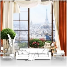 Фотообои на стену первое ателье "Открытый балкон с занавесками в Париже" 300х290 см (ШхВ), флизелиновые Premium