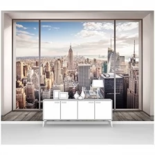 Фотообои на стену первое ателье "Современный город в панорамном лофтовом окне" 400х290 см (ШхВ), флизелиновые Premium