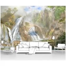Фотообои фреска на стену первое ателье "Пейзаж с невероятными водопадами и мостом" 400х270 см (ШхВ), флизелиновые Premium