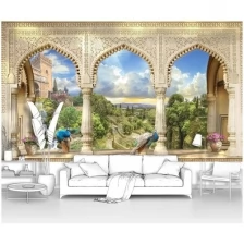 Фотообои на стену первое ателье "Веранда с резными колоннами и павлинами с видом на замок" 400х230 см (ШхВ), флизелиновые Premium