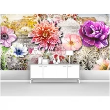 Фотообои на стену первое ателье "Акварельные цветы на кирпиче" 400х210 см (ШхВ), флизелиновые Premium