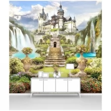 Фотообои на стену первое ателье "Дорога к замку с водопадами через прекрасный сад" 200х200 см (ШхВ), флизелиновые Premium