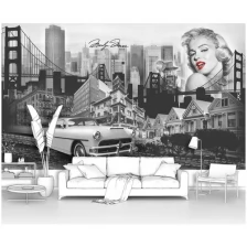 Фотообои на стену первое ателье "Коллаж с Мэрлин Монро и ретро автомобилем на фоне Нью-Йорка" 400х240 см (ШхВ), флизелиновые Premium