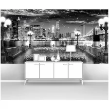Фотообои на стену первое ателье "Вид на современный ночной город с набережной и фонарями, черно-белые" 400х200 см (ШхВ), флизелиновые Premium