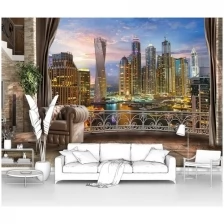 Фотообои на стену первое ателье "Вид с балкона шикарной квартиры на ночной современный город с небоскребами" 400х270 см (ШхВ), флизелиновые Premium