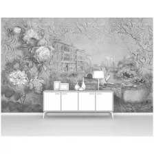 Фотообои на стену первое ателье "Венеция в черно-белых тонах в обрамлении из цветов" 400х250 см (ШхВ), флизелиновые Premium