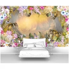 Фотообои на стену первое ателье "Рассвет в сказочном лесу в обрамлении цветов" 400х240 см (ШхВ), флизелиновые Premium