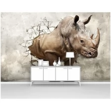 Фотообои на стену первое ателье "3D носорог в проломе старой стены" 400х250 см (ШхВ), флизелиновые Premium