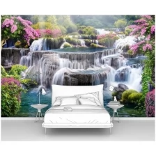 Фотообои на стену первое ателье "Водопадный каскад на скалах с цветущими кустами" 400х270 см (ШхВ), флизелиновые Premium