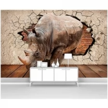 Фотообои на стену первое ателье "Носорог из пролома в стене с трещинами" 400х250 см (ШхВ), флизелиновые Premium