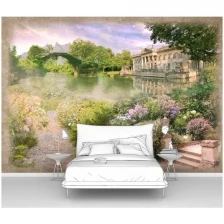 Фотообои на стену первое ателье "Сад на берегу озера с видом на мостик и усадьбу" 400х280 см (ШхВ), флизелиновые Premium