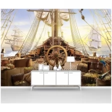 Детские фотообои на стену для мальчиков первое ателье "Пиратский корабль, палуба парусника со штурвалом" 400х280 см (ШхВ), флизелиновые Premium