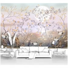 Фотообои на стену первое ателье "Журавли в цветущих кустах" 400х270 см (ШхВ), флизелиновые Premium