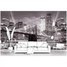 Фотообои на стену первое ателье "Город Нью-Йорк и Бруклинский мост ночью в огнях, монохром" 400х240 см (ШхВ), флизелиновые Premium