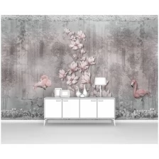 Фотообои на стену первое ателье "Фламинго и цветущая магнолия на фоне старого забора" 400х270 см (ШхВ), флизелиновые Premium