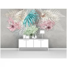 Фотообои на стену первое ателье "Три цветка с пальмовыми листьями на штукатурке" 400х240 см (ШхВ), флизелиновые Premium