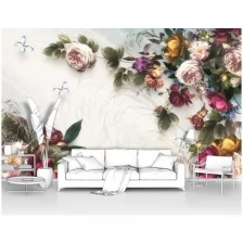 Фотообои на стену первое ателье "Разноцветные розы на стене разрисованной карандашом" 400х250 см (ШхВ), флизелиновые Premium