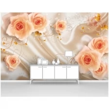 Фотообои на стену первое ателье "Оранжевые розы на фоне ткани" 300х190 см (ШхВ), флизелиновые Premium