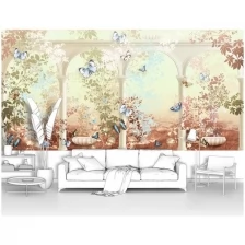 Фотообои на стену первое ателье "Бабочки и арки с колоннами на фоне цветущих зарослей" 400х200 см (ШхВ), флизелиновые Premium