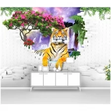 Фотообои на стену первое ателье "Тигр в проломе кирпичной стены на фоне водопада" 400х270 см (ШхВ), флизелиновые Premium