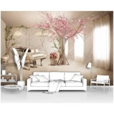Фотообои на стену первое ателье "Комната с белым роялем и цветущей сакурой" 400х270 см (ШхВ), флизелиновые Premium