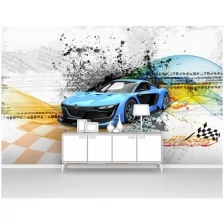 Фотообои на стену первое ателье "Голубая спортивная машина на абстрактном фоне" 400х250 см (ШхВ), флизелиновые Premium