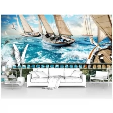 Фотообои на стену первое ателье "Вид с террасы на яхты, дельфинов и чаек" 400х240 см (ШхВ), флизелиновые Premium
