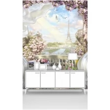 Фотообои на стену первое ателье "Вид на Париж с цветущего балкона со столиком" 200х270 см (ШхВ), флизелиновые Premium
