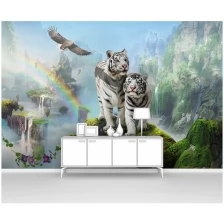 Фотообои на стену первое ателье "Два белых тигра на фоне радуги и водопадов" 400х270 см (ШхВ), флизелиновые Premium