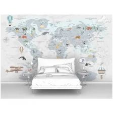 Фотообои на стену для детей школьников первое ателье "Карта континентов с животными" 400х240 см (ШхВ), флизелиновые Premium